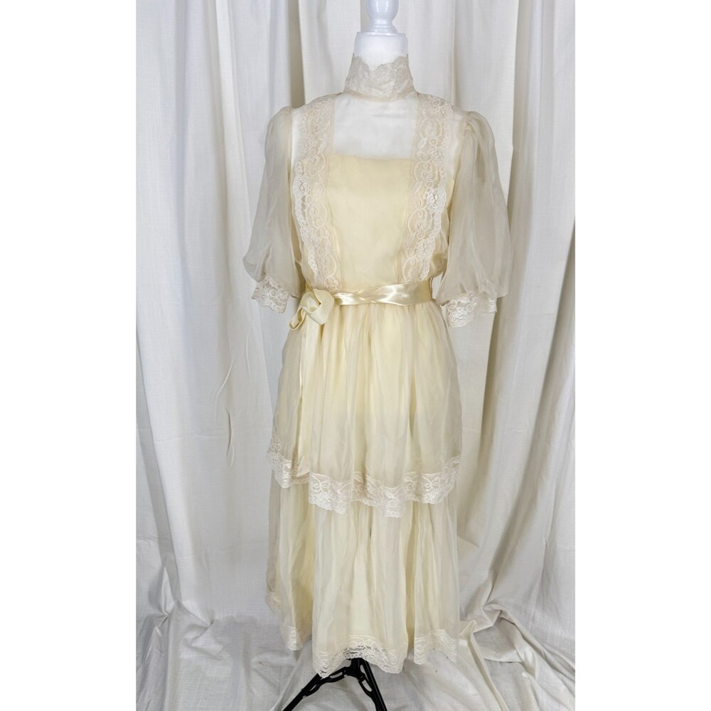 Vintage Lorrie Deb San Francisco Ivory Lace Chiffon Maxi Dress Bridal 9/10